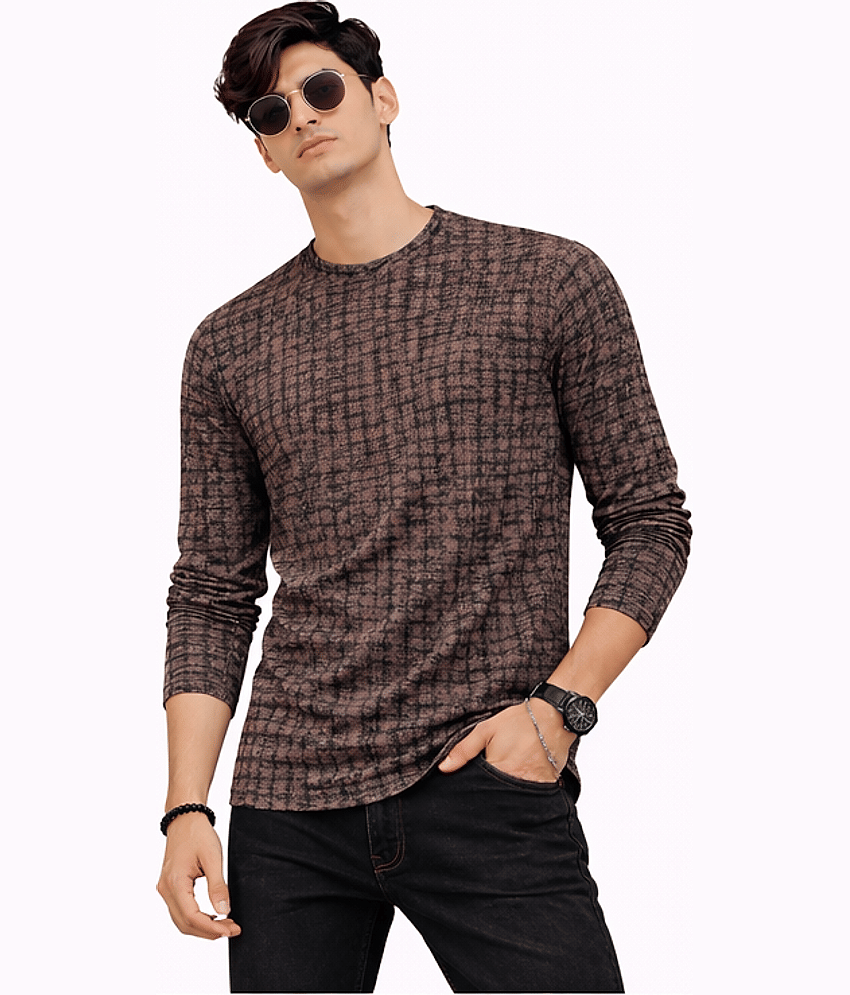 DELTIN HUB Men Cotton Blend Regular Fit Printed T-Shirt ( Brown )