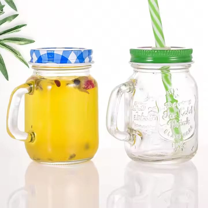 Glass Mason Jar With Air Tight Lid & Straw, 450 ML,Set Of 2,Handle Mason Mug Jars For Drinks Beverages Fruit,Juice ,Coco, Milk,Water,Smoothie,Re-Usable Straw, Ideal for Gym,Office Home, Travel,College