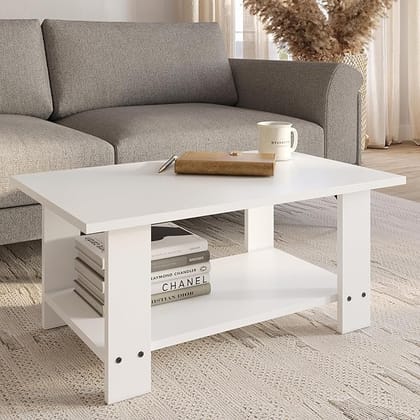 LatteEdge Engineered Wood Coffee Table with Bottom Shelf – 90 x 55 x 40 cm (001, White)