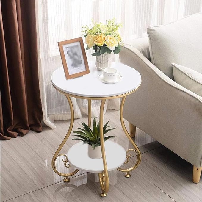 Farmhouse Accent Coffee Table Simple Modern Bedside Side Table Small Round Table Engineer Top Metal Table Living Room Sofa (Gold & White)
