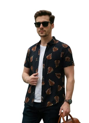 Men's Black Tropical Leaf Print Casual Short Sleeve Shirt - Summer Fashion