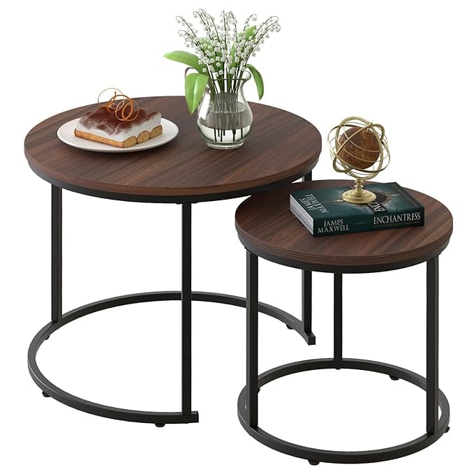 Coffee Table Nesting Side Round Set of 2 End Table Top Sturdy Metal Frame Desk Centerpiece Living Room Bedroom Apartment Modern Industrial Simple Nightstand