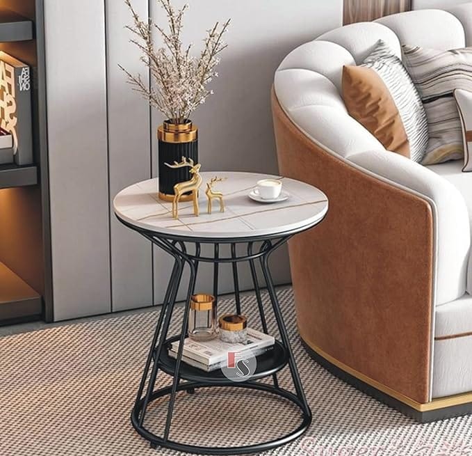 Decorative Accent Coffee Table Simple Modern Bedside Cabinet Round Table Engineered Wood Top and Metal Frame Table Living Room Sofa Side Table