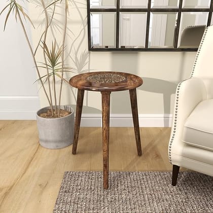 Wooden Table with Three Legs A Modern Round Coffee Table and Side Table for Small Spaces with Pillar, Wood Books, Magazines, and Plant Stand for Living Room Entryway Table. (Antic Burning)