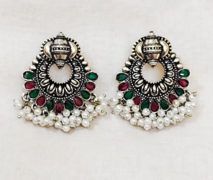 Oxidized Silver Jhumka Earrings with Red Green Stones & Pearl Drops Oxidized Silver Jhumka Earrings with Red Green Stones & Pearl Drops