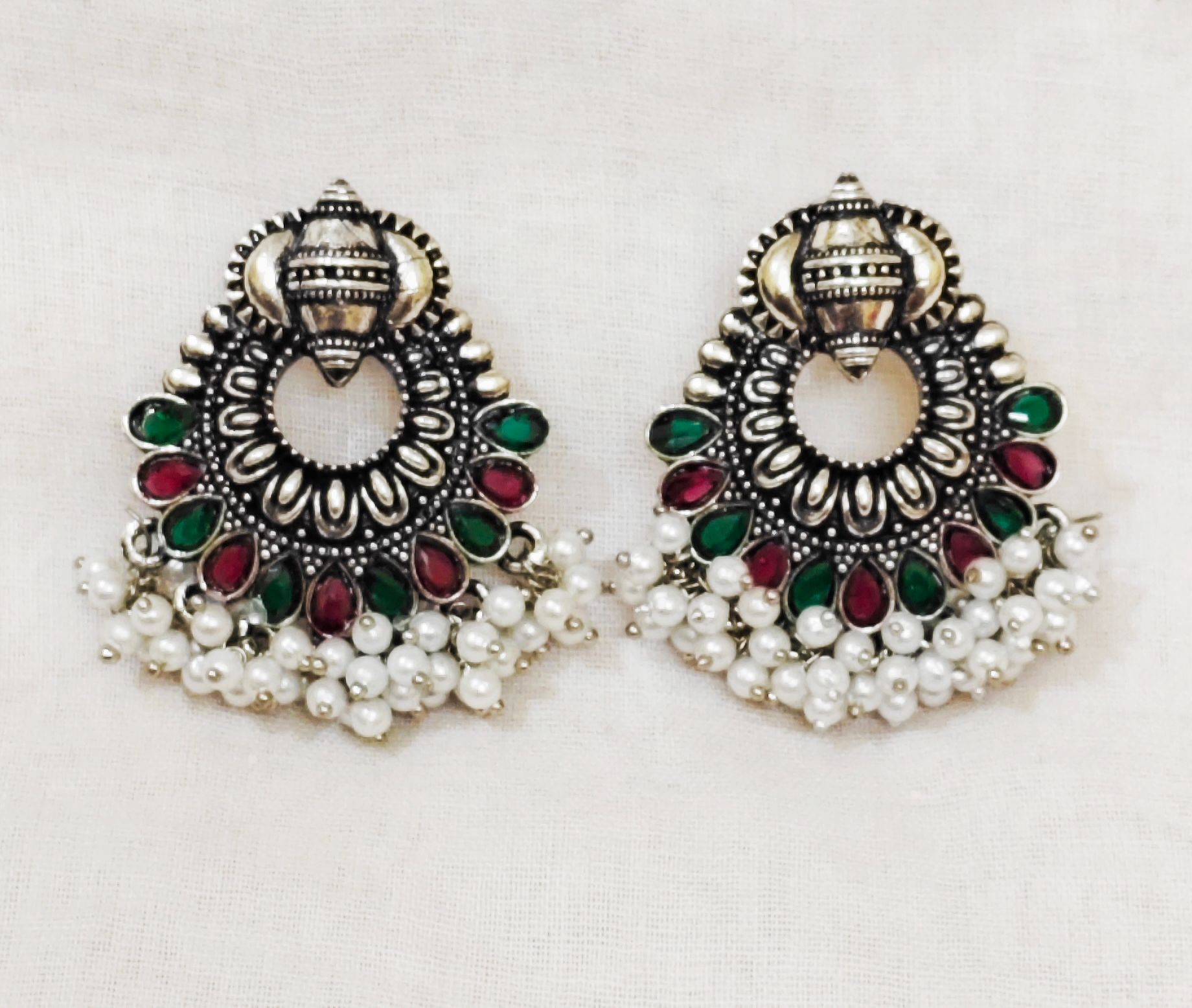 Oxidized Silver Jhumka Earrings with Red Green Stones & Pearl Drops
