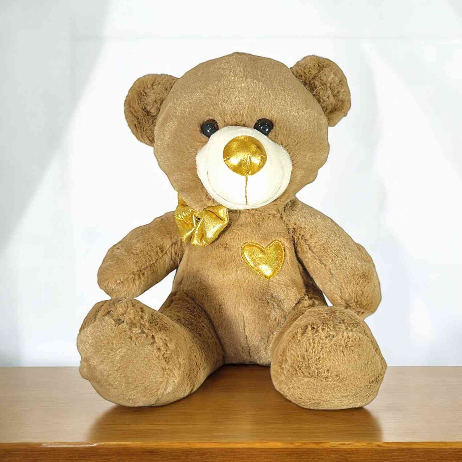 Adorable Brown Teddy Bear with Golden Heart & Bow - Soft Plush Toy Gift