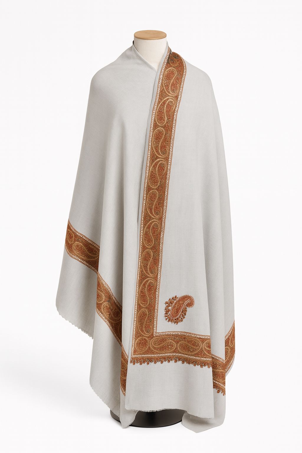 Elegant Light Grey Wool Stole with Paisley Embroidery