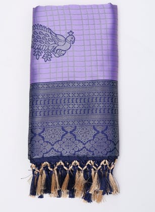 Lavender & Navy Blue Silk Blend Saree with Peacock Motif & Zari Woven Border