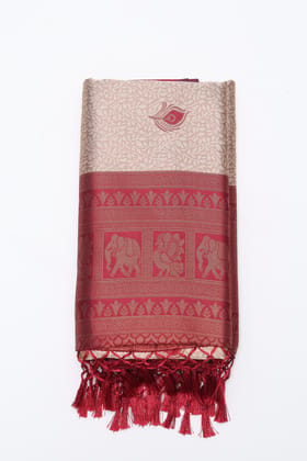 Maroon Golden Silk Blend Woven Saree with Elephant Motifs & Tassels