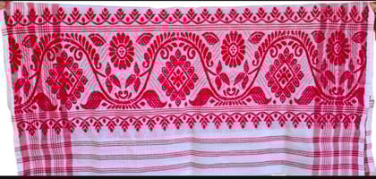 Authentic Assamese Handloom Cotton Gamosa | Traditional Red & White Weave Scarf