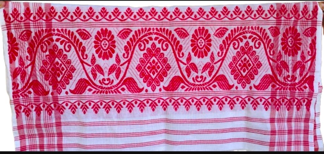 Authentic Assamese Handloom Cotton Gamosa | Traditional Red & White Weave Scarf