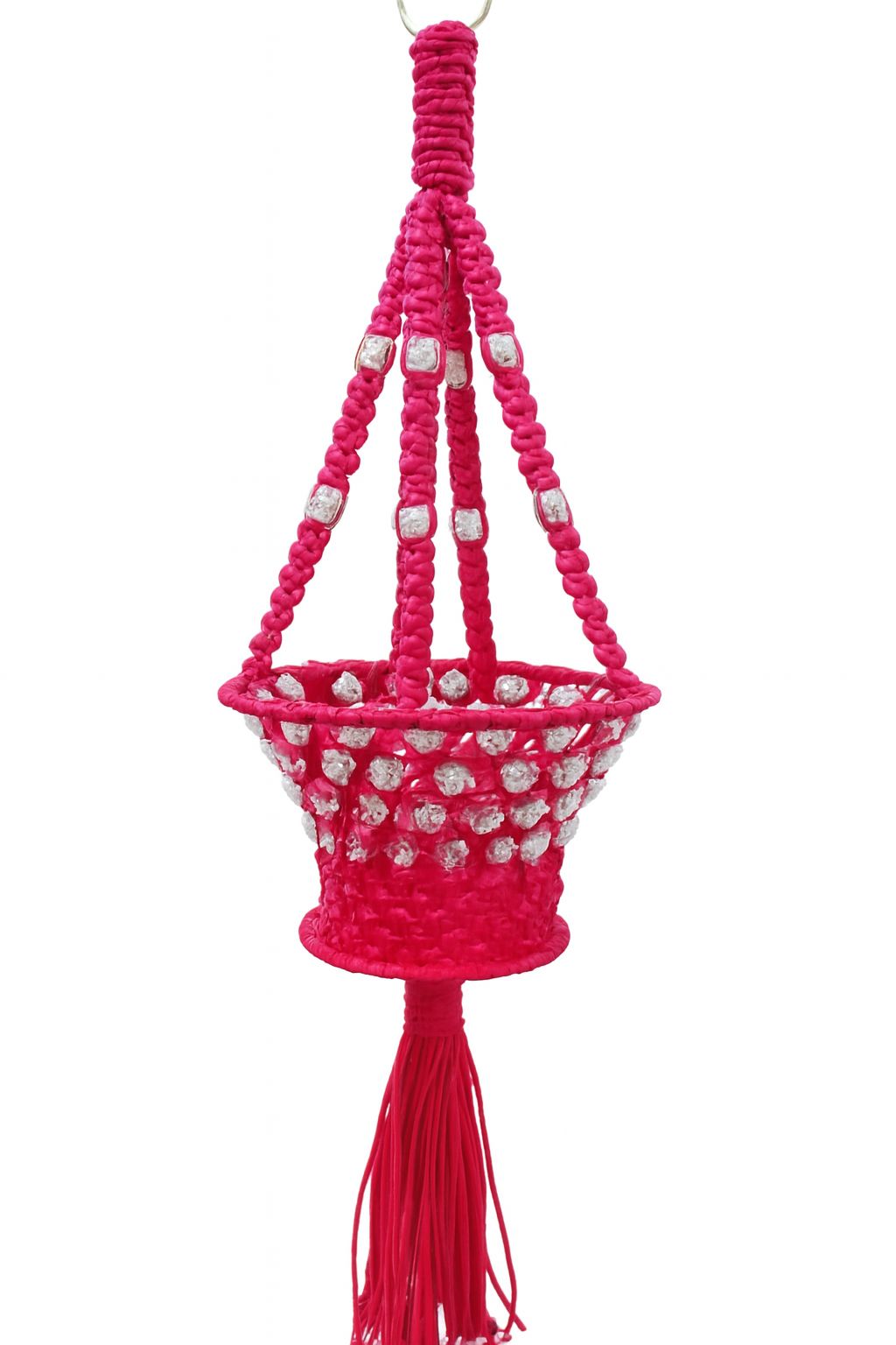 Vibrant Pink Macrame Beaded Hanging Lantern/Planter -Handmade Home Decor