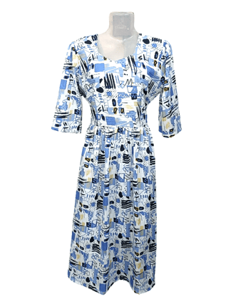 Women's Abstract Print V-Neck Midi Dress | Blue & White Casual A-Line Dress Women's Abstract Print V-Neck Midi Dress | Blue & White Casual A-Line Dress