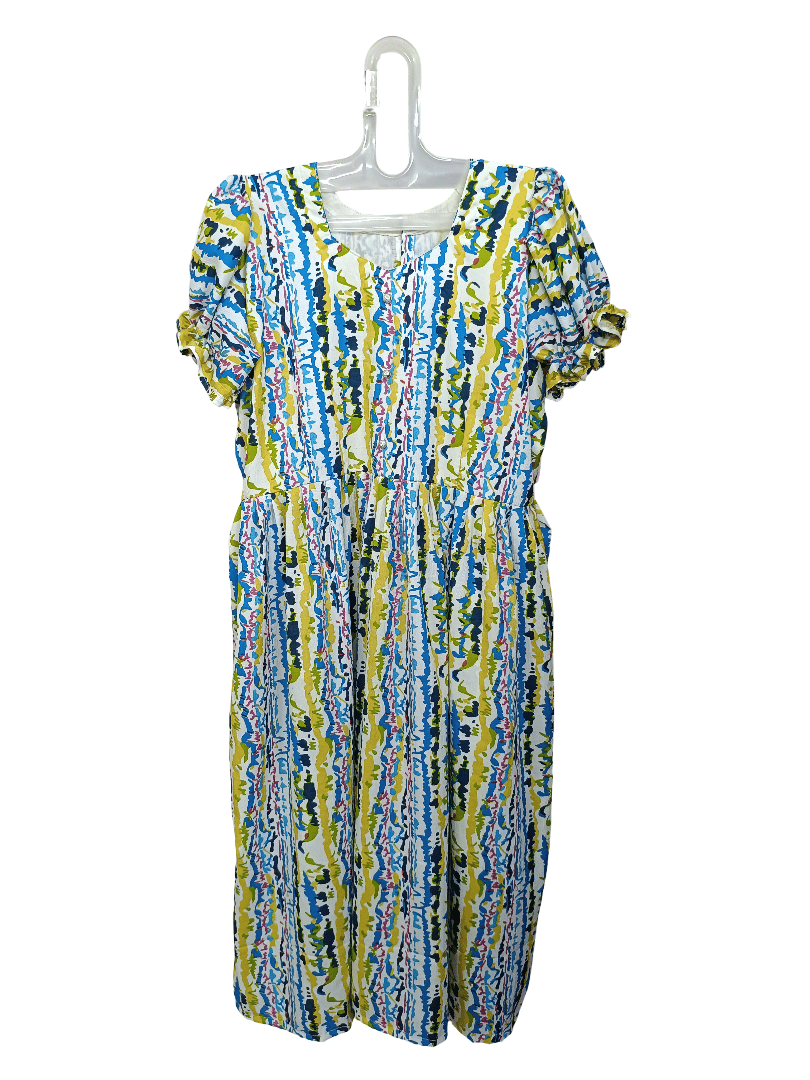 Vibrant Abstract Striped Shirred Waist Midi Dress for Women