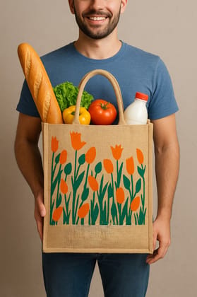 Eco-Friendly Jute Grocery Bag with Floral Print - Reusable & Durable Eco-Friendly Jute Grocery Bag with Floral Print - Reusable & Durable