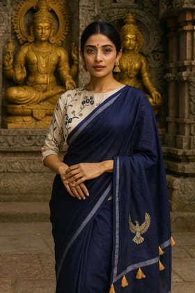 Elegant Navy Blue Cotton Saree with Embroidered Blouse