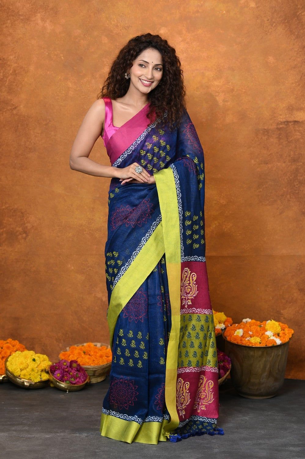 Designed By VMI~ Handloom Pure Organic Natural Linen Saree - HandBlock Printed - Blue