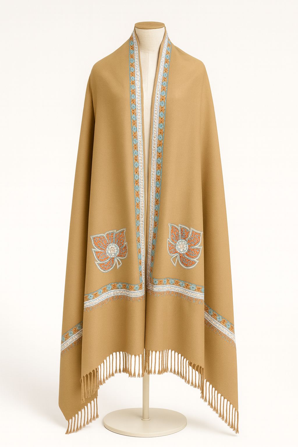 Mustard Brown Wool Blend Shawl with Embroidered Border and Fringes