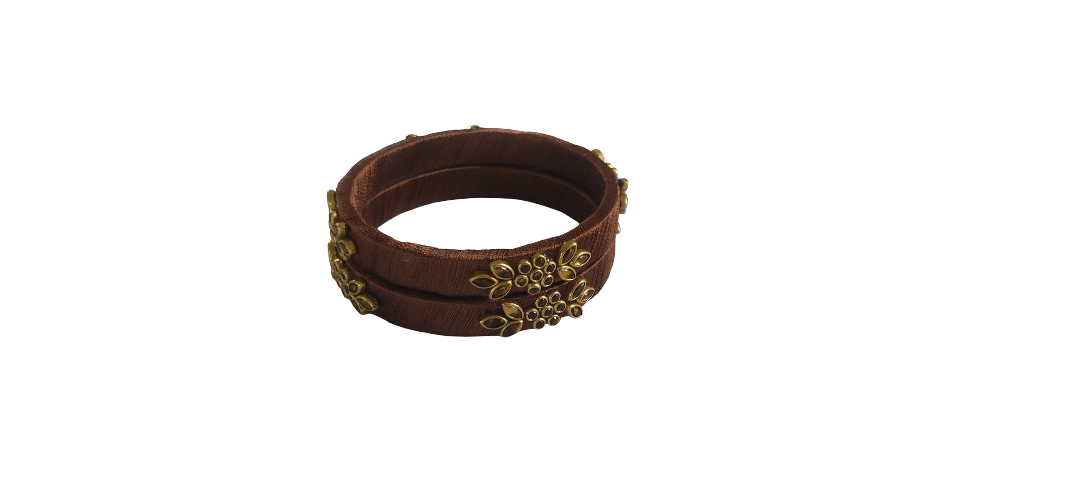 Brown Silk Thread Bangles with Golden Floral Embellishments for Women