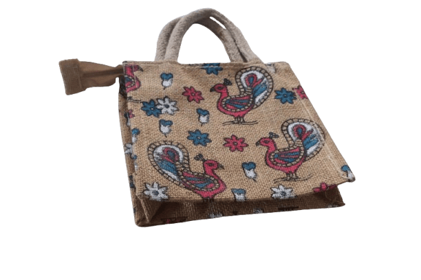 Eco-Friendly Jute Bag with Traditional Peacock/Rooster & Floral Print - Reusable Tote