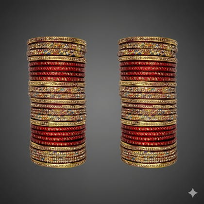 Red & Gold Ethnic Bangle Set with Sparkling Multi-Stone Embellishments Red & Gold Ethnic Bangle Set with Sparkling Multi-Stone Embellishments