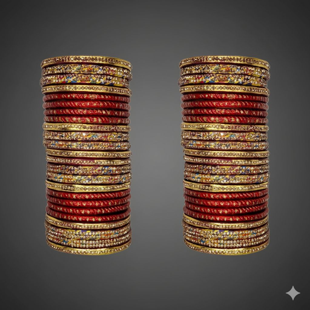 Red & Gold Ethnic Bangle Set with Sparkling Multi-Stone Embellishments
