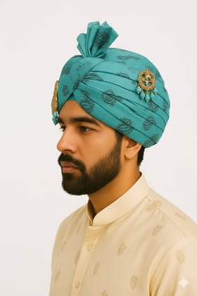 Teal Poly Silk Turban with Gold & Turquoise Embellishments for Men