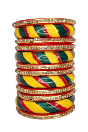 Traditional Red Yellow Green Lac Bangle Set with Rhinestones