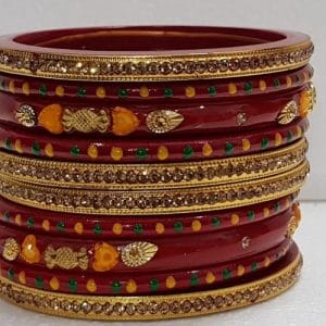 Traditional Deep Red & Gold Plated Stone Studded Bangle Set for Women