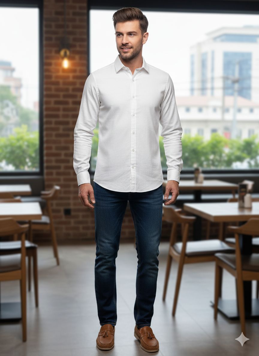 Men's Classic White Cotton Full Sleeve Casual Shirt