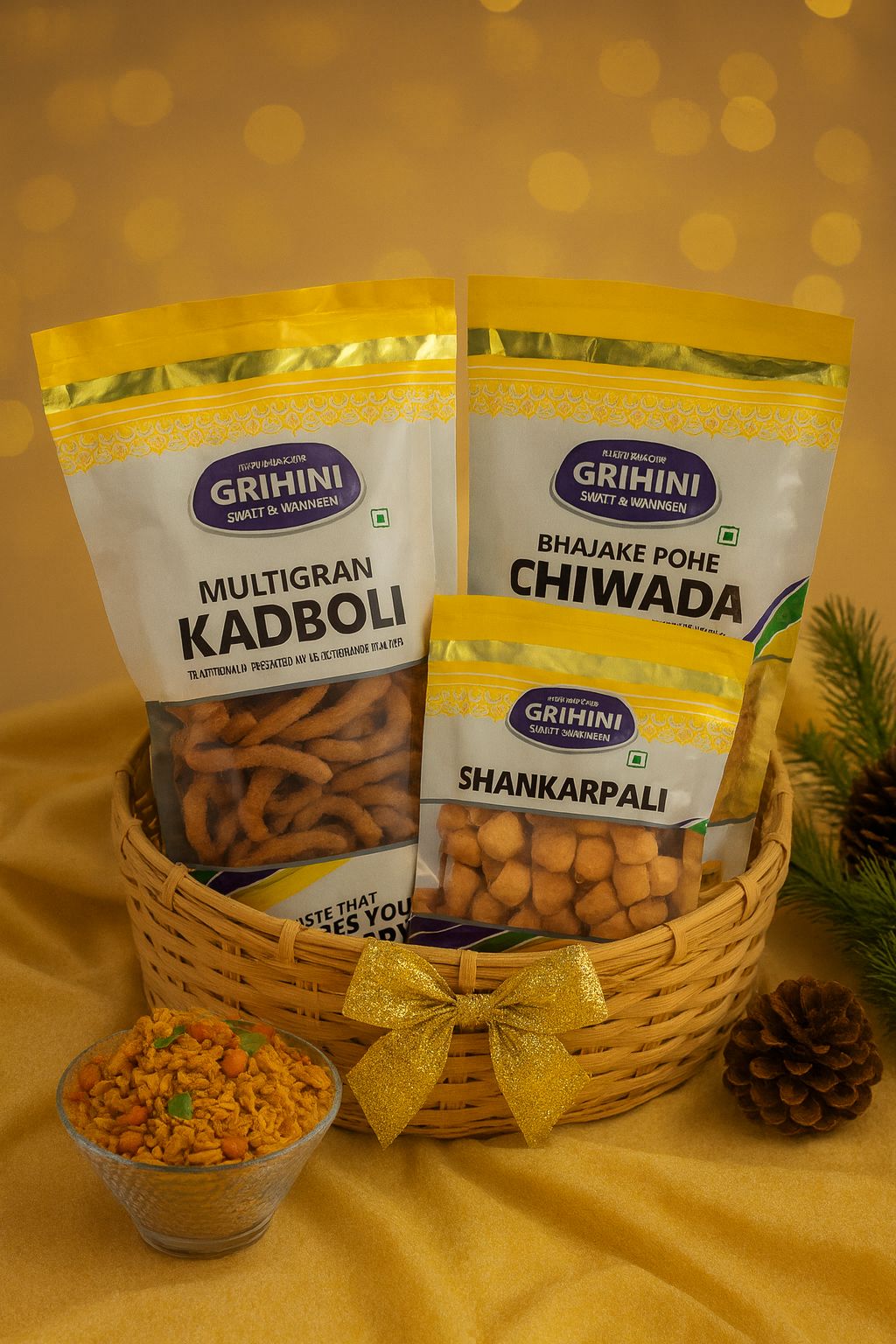 Grihini Parampara Pack (Bhajake Pohe Chiwada - 1 Pack,Multigrain Kadboli - 1 Pack, Shankarpali - 1 Pack)