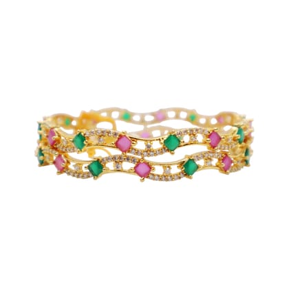 Gold Plated CZ Stone Bangle with Pink & Green Square-Cut Stones – Dual Layer Designer Kada