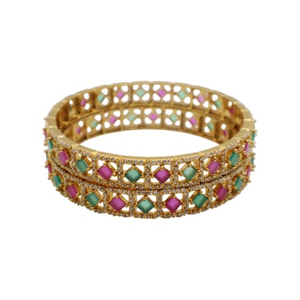 Gold Plated Dual Layer Bangle with Pink & Green Stones – Traditional Party Wear Jewelry
