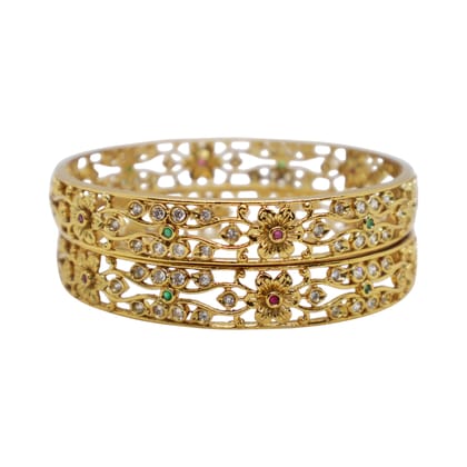 Gold Plated Floral Design Bangle with CZ, Green & Pink Stones – Traditional Party Wear Jewelry Gold Plated Floral Design Bangle with CZ, Green & Pink Stones – Traditional Party Wear Jewelry