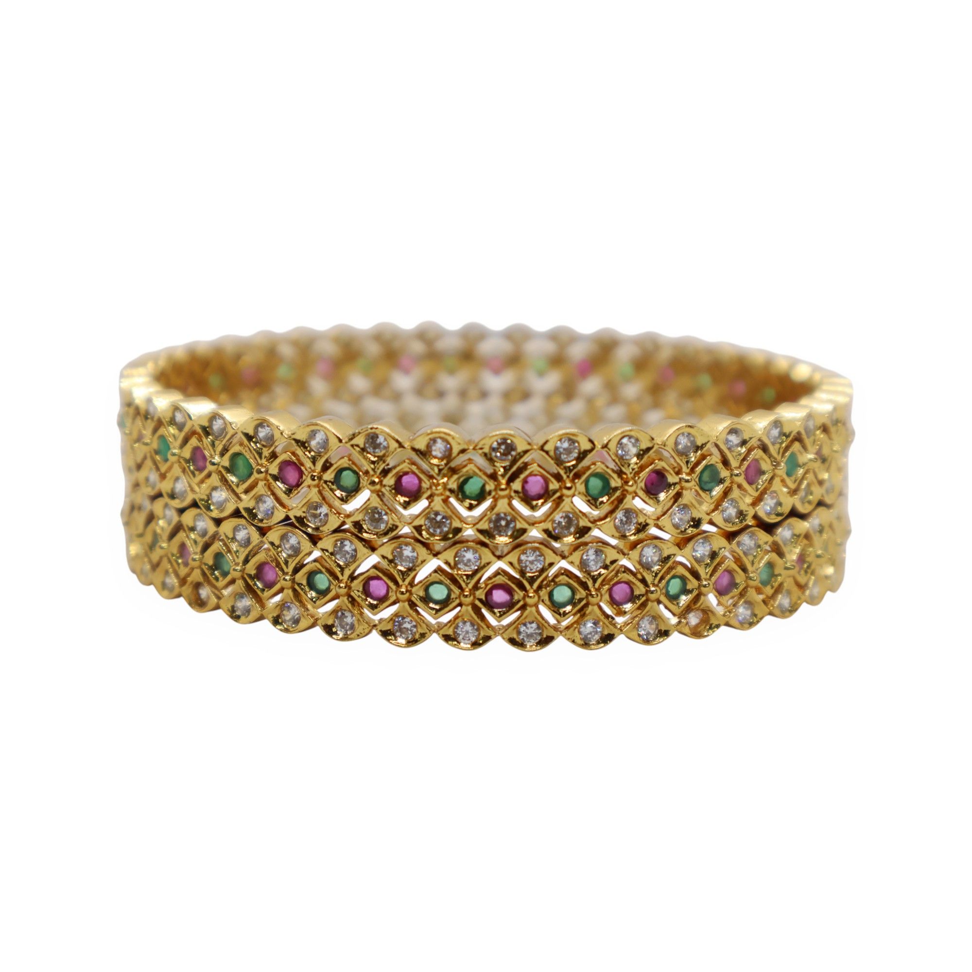 Gold Plated Designer Bangle with CZ, Pink & Green Stones – Traditional Wedding Jewelry