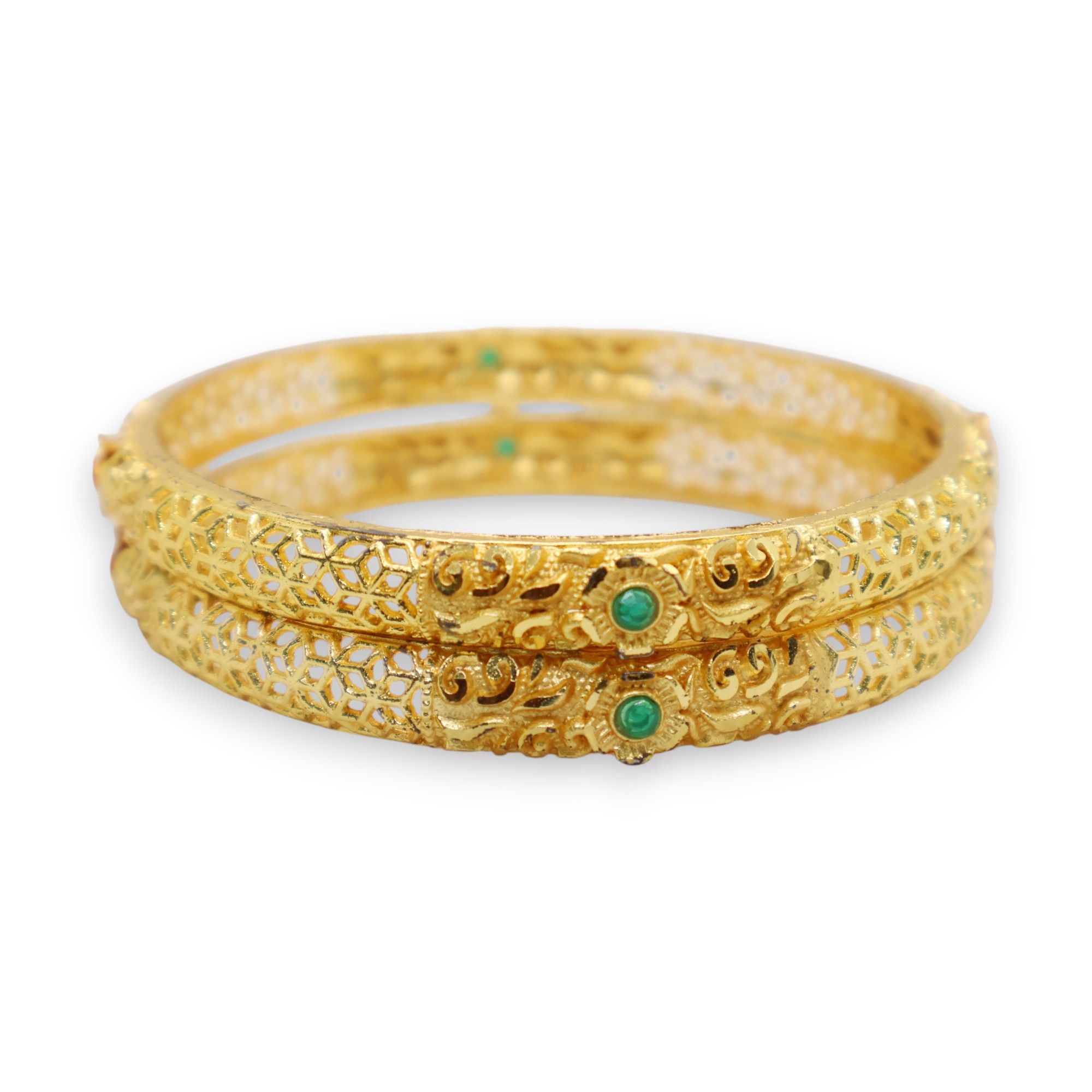 Gold Plated Antique Design Bangle with Green Stone Detailing – Traditional Ethnic Jewelry