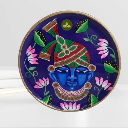 Hand Painted Wooden Shreenathji Mukharvind Pichwai Art Violet Color Wall Plate With Resin Layer