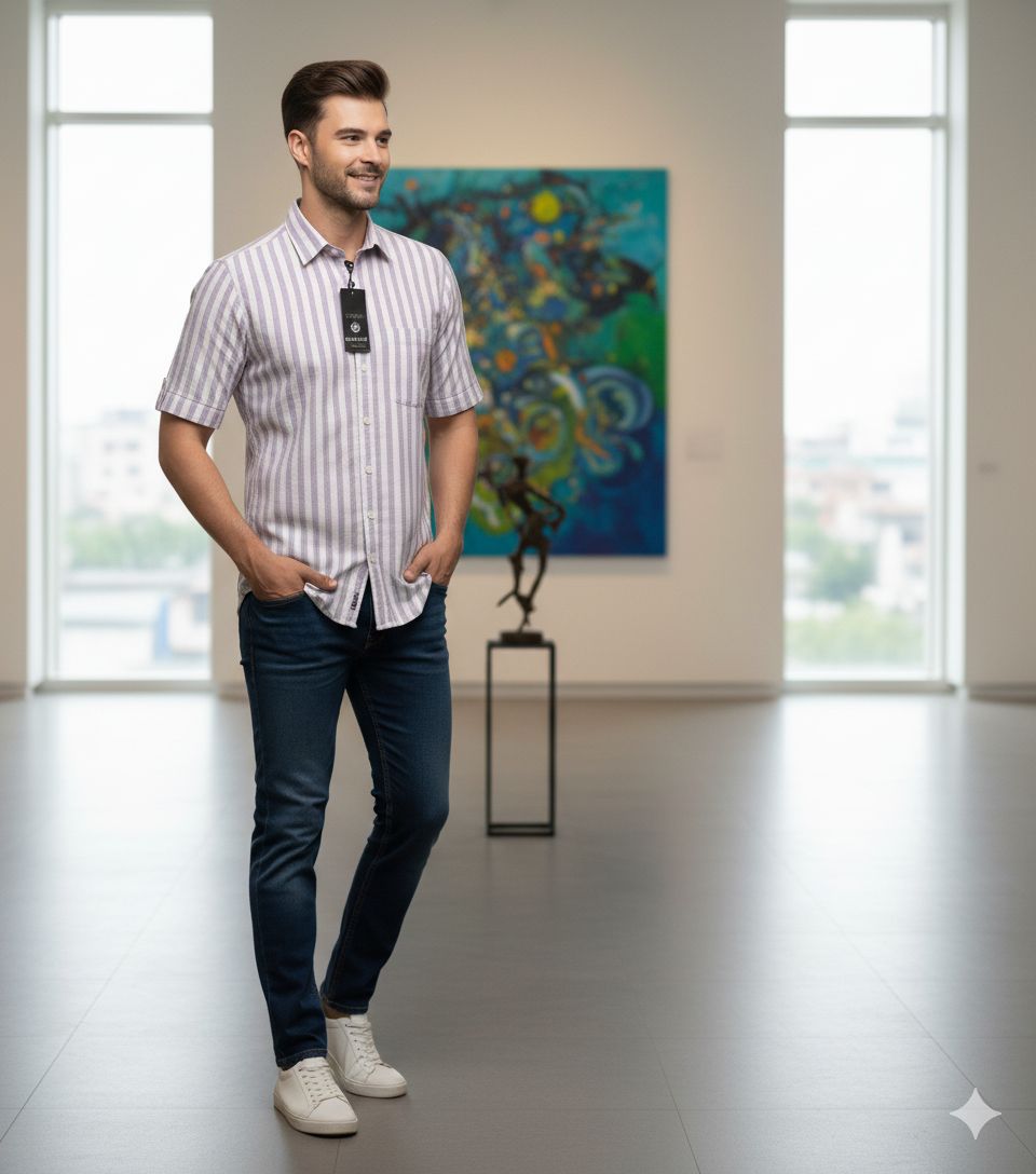 Men's Casual Striped Short Sleeve Shirt with Button-Down Collar