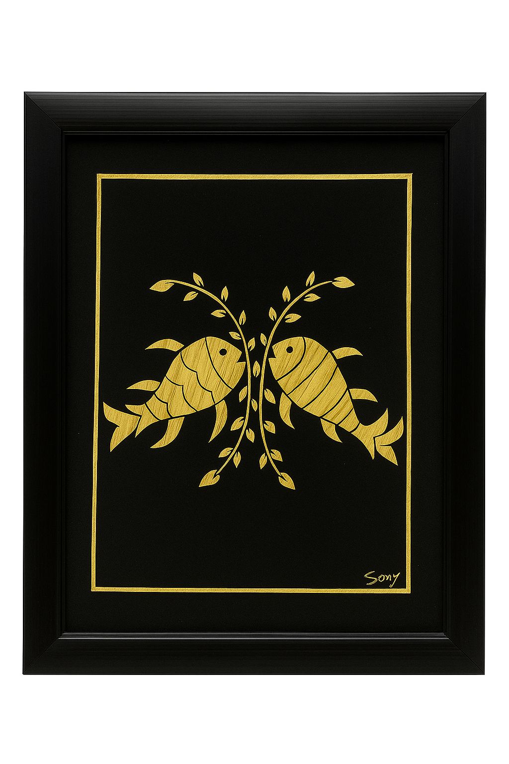 Golden Twin Fish Wheat Husk Handmade Wall Art Frame