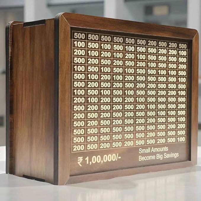 Wooden Money Box with ₹1,00,000 Savings Challenge Goal