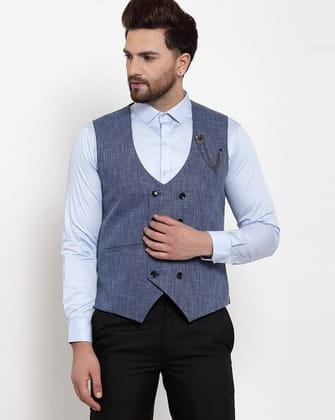Men's Solid Blue Double Breasted Waistcoat Men's Solid Blue Double Breasted Waistcoat