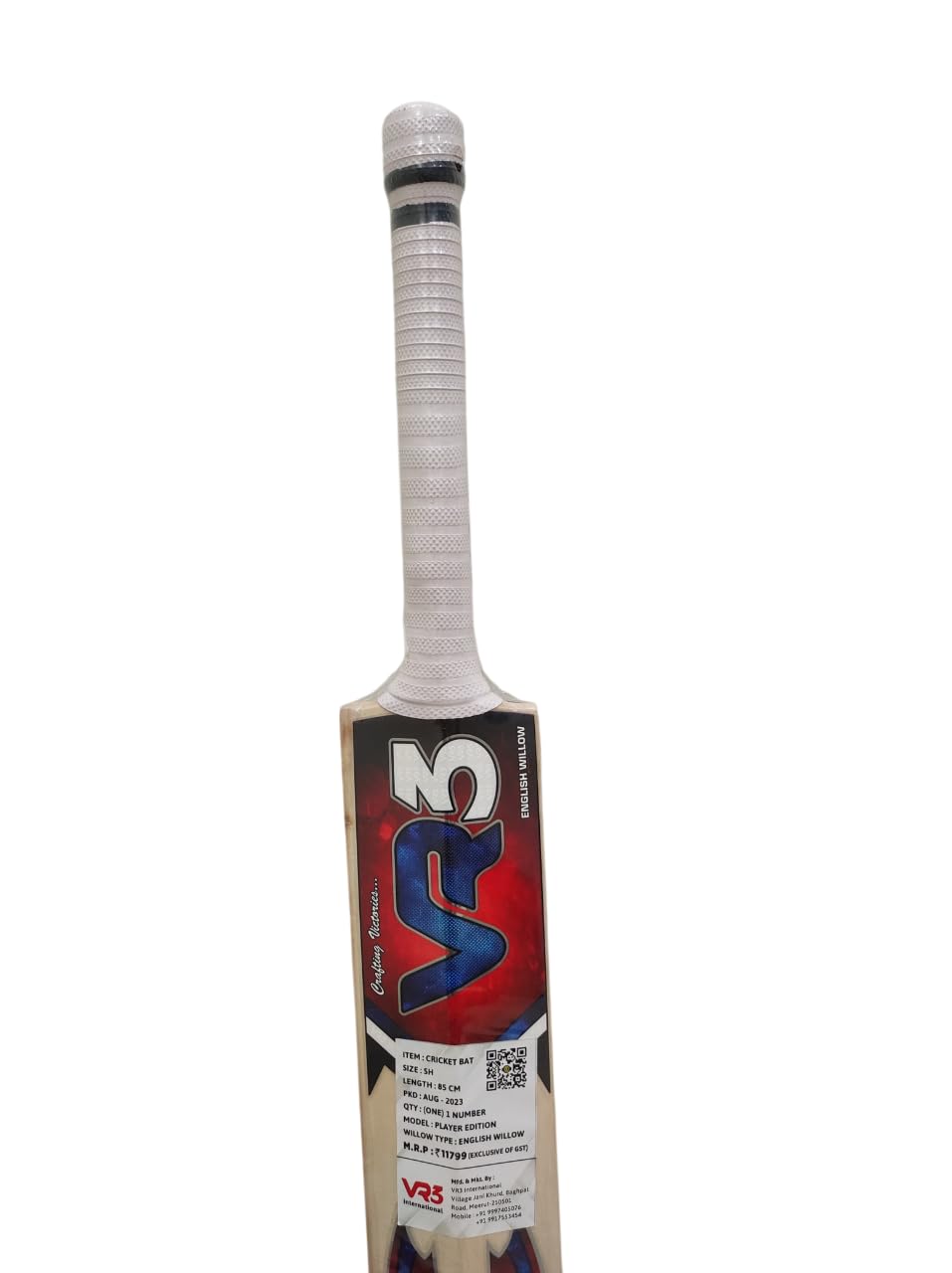VR3 Player Edition English Willow Cricket Bat, Grade A+ Professional, Leather Ball, 1200g, Natural Wood