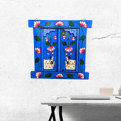 Hand Painted Pichwai Art Wooden Blue Color Jharokha With Door