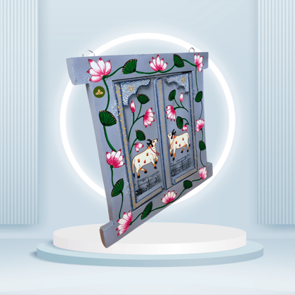 Hand Painted Pichwai Art Wooden Grey Color Jharokha With Door