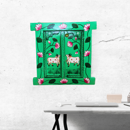 Hand Painted Pichwai Art Wooden Green Color Jharokha