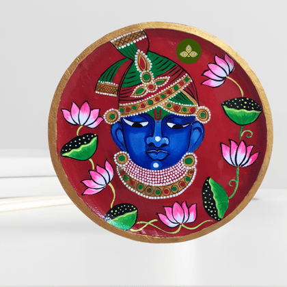 Hand Painted Wooden Shreenathji Mukharvind Pichwai Art Red Color Wall Plate With Resin Layer