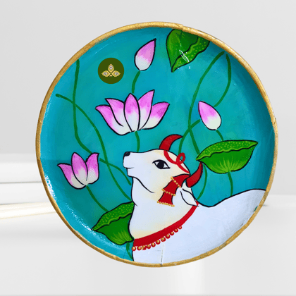 Hand Painted Wooden Kamdhenu Cow Pichwai Art Sky Blue Color Wall Plate With Resin Layer