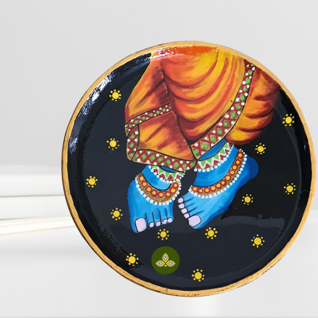 Hand Painted Wooden Krishna Charanvandan Pichwai Art Multi Color Wall Plate With Resin Layer