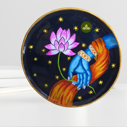Hand Painted Wooden Lotus in Krishna Hand Pichwai Art Multi Color Wall Plate With Resin Layer